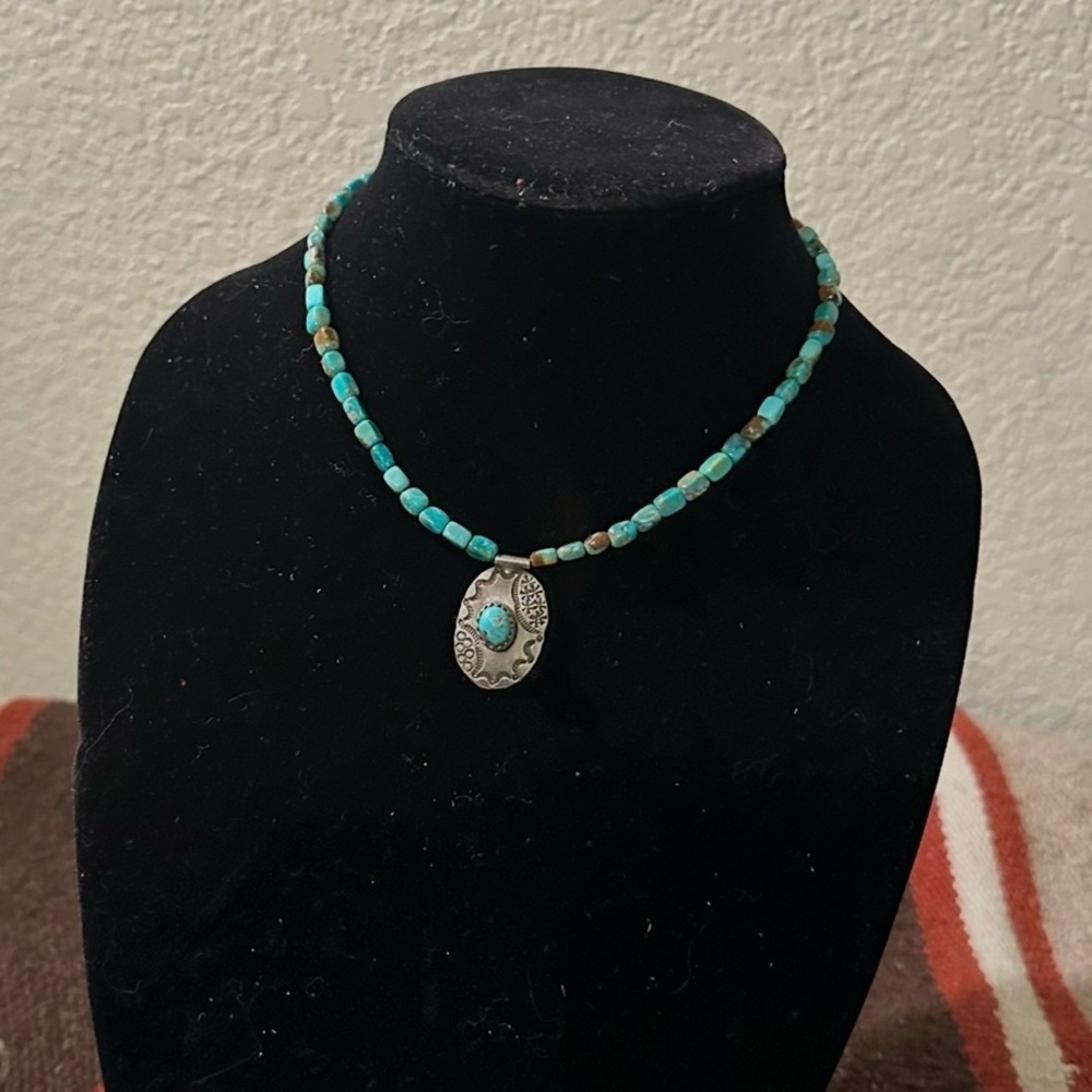 Turquoise Beaded Necklace with a Vintage Sterling Silver Pendant w/Hallmark